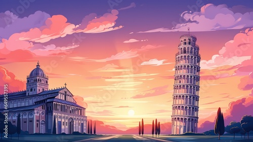 Pisa Tower Poster in the Morning Day with Sunrise Sky View  generative ai