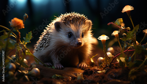 Cute hedgehog looking at camera in nature, small and fluffy generated by AI