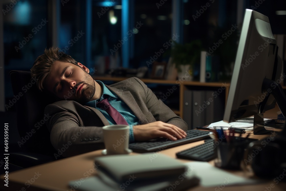 Tired man sleeps while sitting at the office desk at work. Overworking and burnout. Tired middle aged man in office.