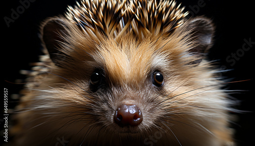 Cute hedgehog looking at camera, fluffy fur, black background generated by AI