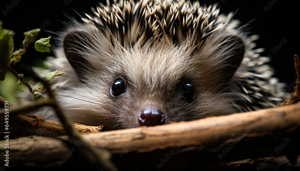 Fototapeta premium Cute hedgehog looking alert, surrounded by nature furry creatures generated by AI