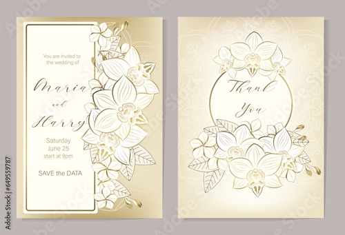 Elegant wedding invitation with mandala background with gold outlines of tropical flowers and orchids. Set of two wedding cards.