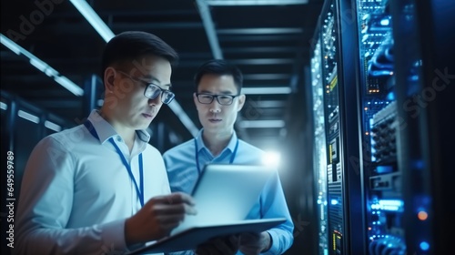 IT team of two people working in the data center, Surrounded by servers.
