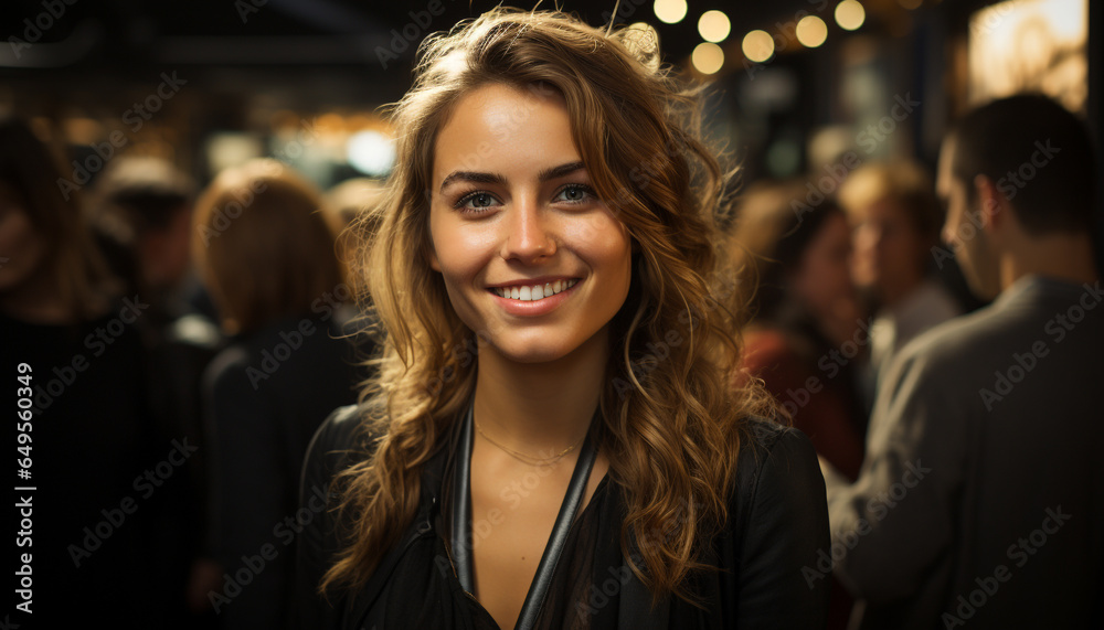 Young adults enjoying nightlife, smiling and looking at camera generated by AI