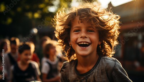 Smiling child, cheerful boys, playful girls, enjoying carefree summer generated by AI