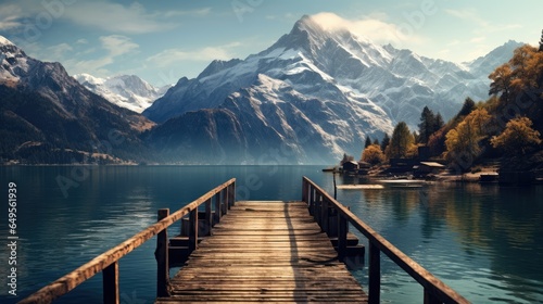 A dock with a mountain in thebackground and a dock in