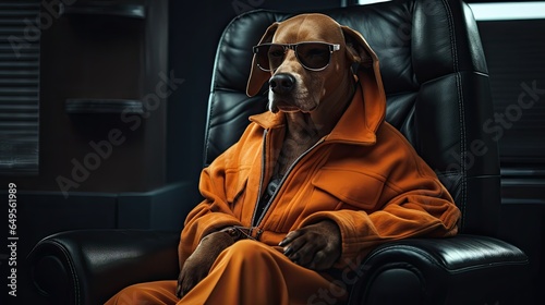 A dog in a coat is sitting on a sidewa photo