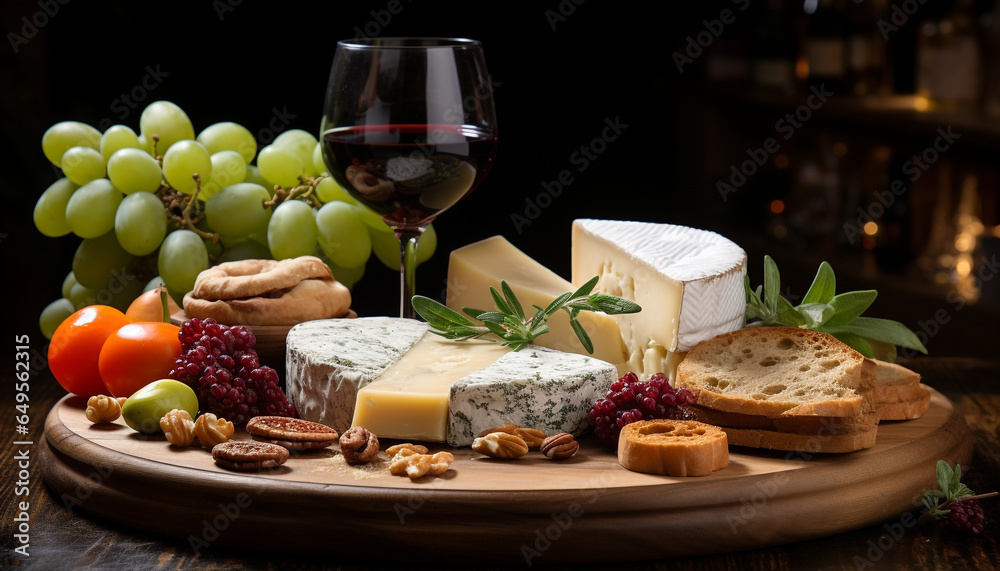 A rustic French meal bread, cheese, wine, grapes, and freshness generated by AI