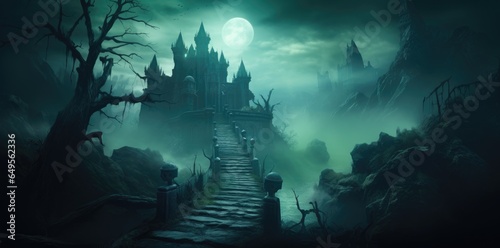 Halloween night scene with castle background.
