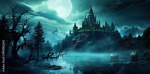 Halloween night scene with castle background.
