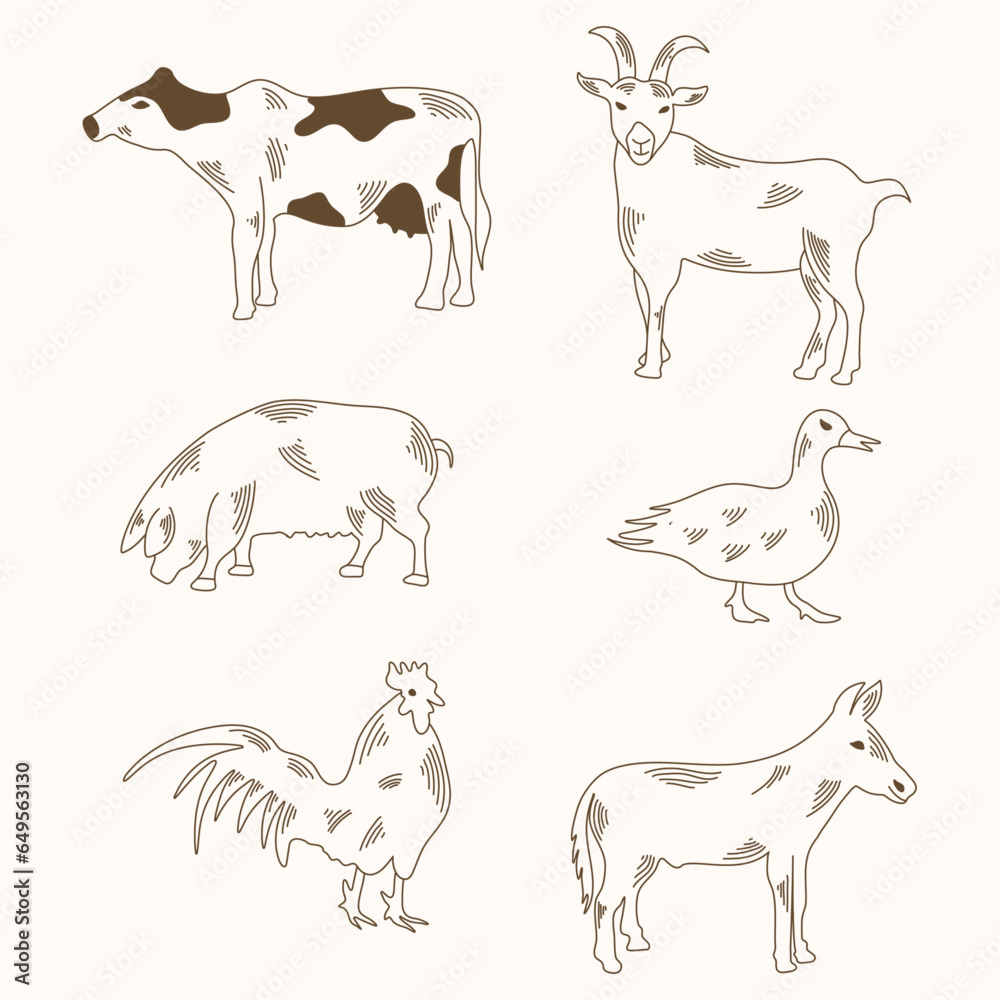Illustration drawing style of farm animals collection