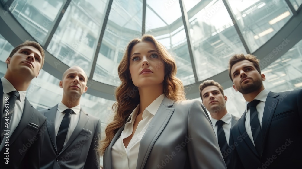 Portrait of confident businessmen and businesswomen posing in glass building, Low-angle shot. Portrait of confident businessmen and businesswomen posing in glass building, Low-angle shot.