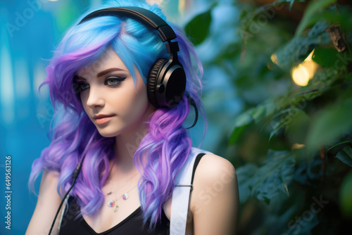Woman with vibrant blue and purple hair wearing headphones. Perfect for music lovers and fashion enthusiasts.