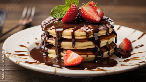A plate of pancakes with chocolate syrup and strawberry photo