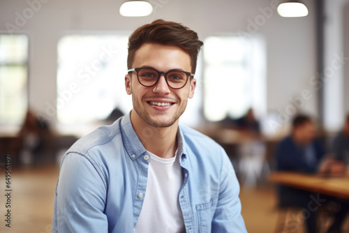 Man with glasses sitting at table. Suitable for business and office-related concepts.