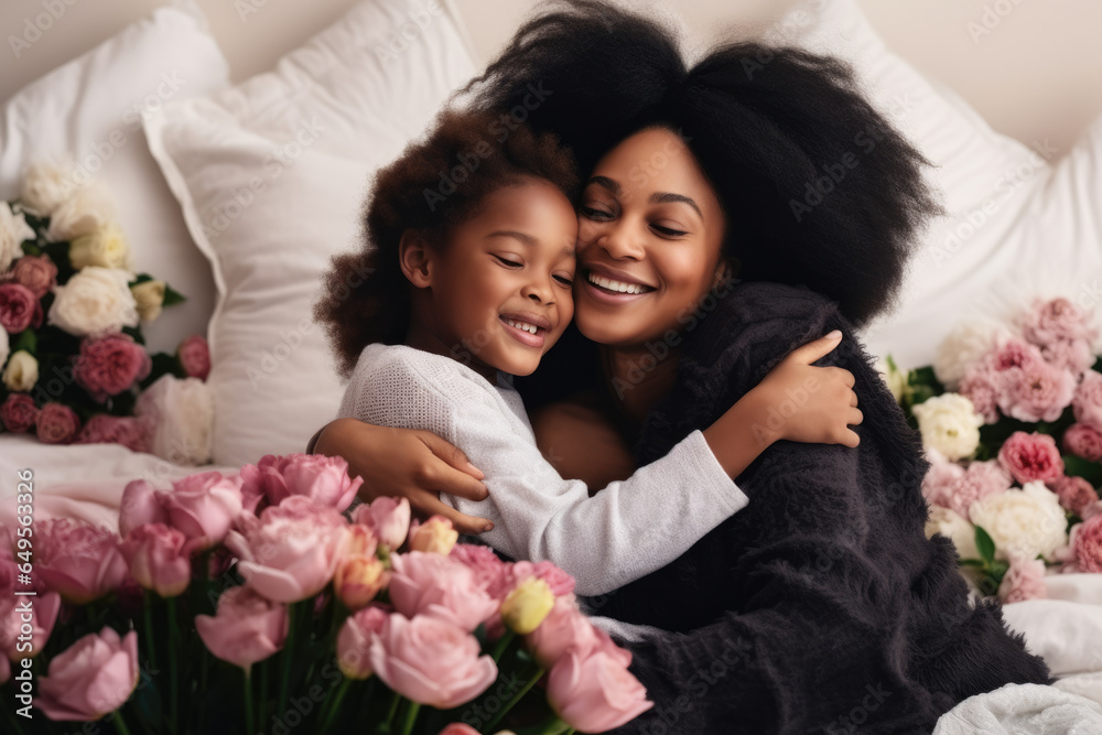 Woman and little girl sharing loving hug on comfortable bed. Mother and daughter or importance of family. Articles, family-related blog posts, or advertisements promoting love and togetherness. Woman and little girl sharing loving hug on comfortable bed. Mother and daughter or importance of family. Articles, family-related blog posts, or advertisements promoting love and togetherness.