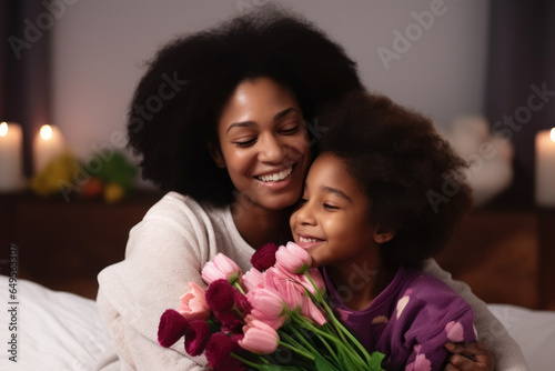 Woman and little girl holding bouquet of flowers. Perfect for mother-daughter moments and special occasions.