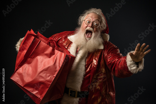 Santa Claus brims with hyperactive energy, clutching an enormous sack while his face radiates pure surprise and excitement. Generative AI.