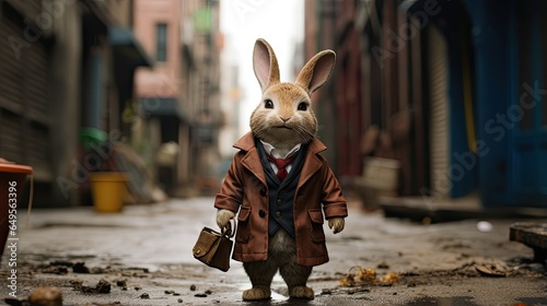 A rabbit in a coat stands on a sidewalk in the city photo