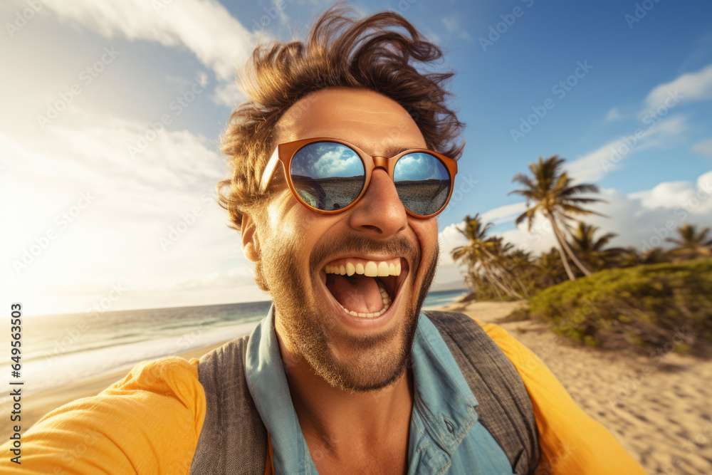 Man capturing moment on beach with selfie. Perfect for travel blogs and social media posts. - obrazy, fototapety, plakaty 