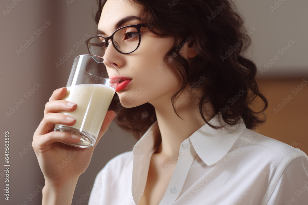 Woman in glasses enjoying refreshing glass of milk. Perfect for promoting benefits of dairy products or for illustrating healthy lifestyle. Woman in glasses enjoying refreshing glass of milk. Perfect for promoting benefits of dairy products or for illustrating healthy lifestyle.