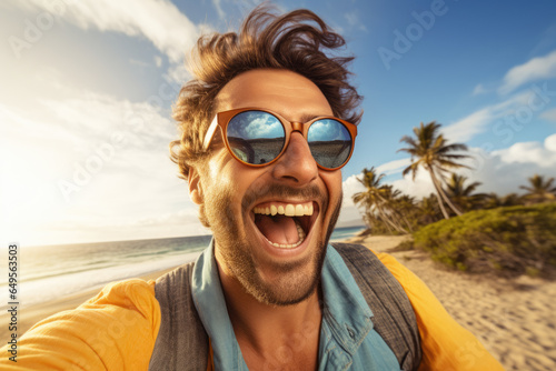 Man capturing moment on beach with selfie. Perfect for travel blogs and social media posts. © vefimov