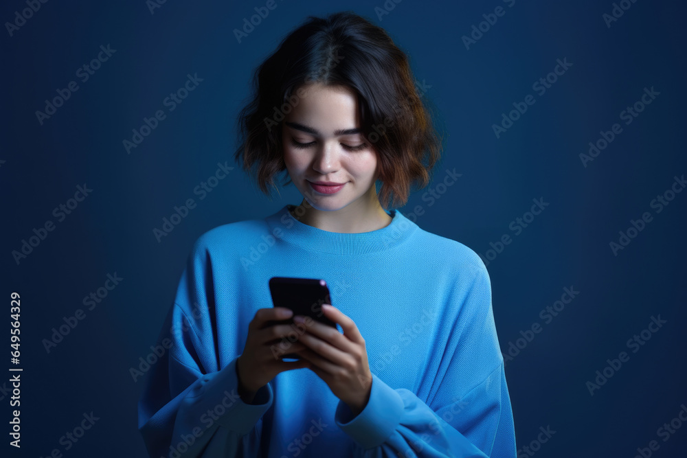 Woman wearing blue sweater is seen looking at her cell phone. This versatile image can be used to illustrate concepts such as technology, communication, social media, or modern lifestyle. Woman wearing blue sweater is seen looking at her cell phone. This versatile image can be used to illustrate concepts such as technology, communication, social media, or modern lifestyle.