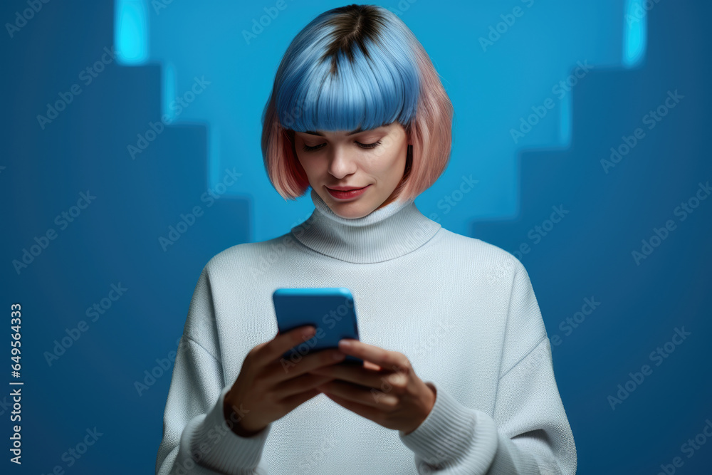 Woman with vibrant blue hair using cell phone. This image can be used to depict modern technology and communication.