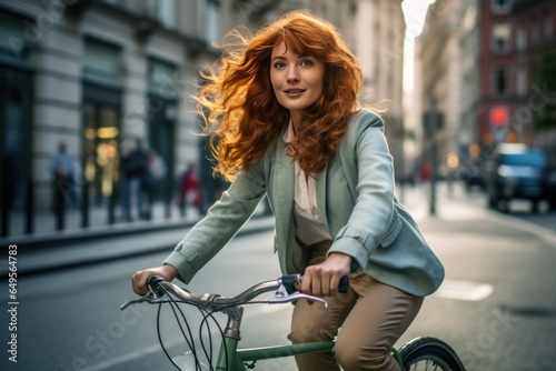 Cheerful red-haired European woman on a bicycle. Concept of healthy lifestyle, environmental protection, cycling. © Restyler