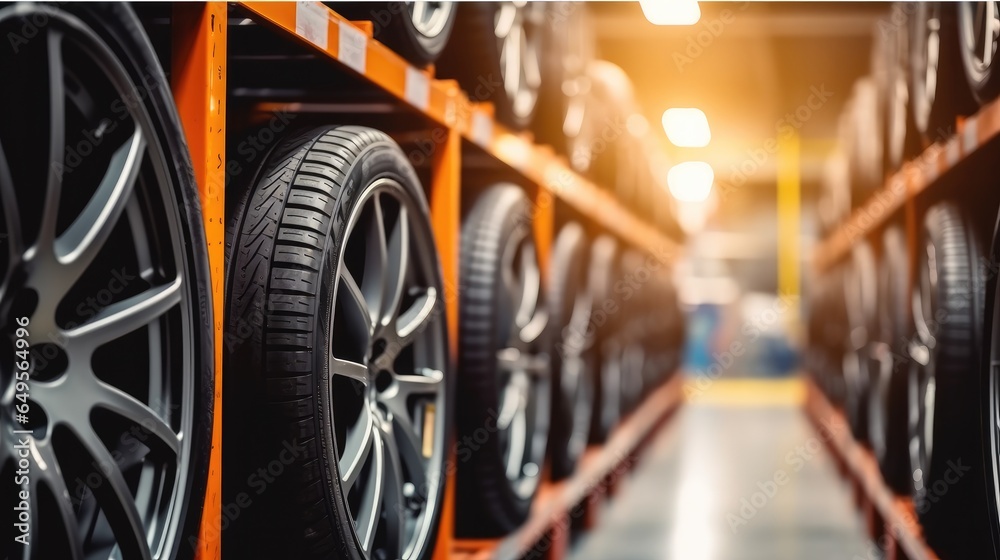 New tire car on storage shelf at warehouse in auto garage workshop for sale. New tire car on storage shelf at warehouse in auto garage workshop for sale.