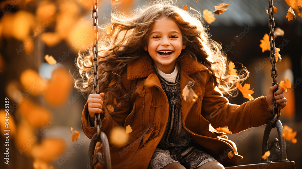 Cute beautiful little girl swings on a swing in the park. Autumn time, walking outdoors Cute beautiful little girl swings on a swing in the park. Autumn time, walking outdoors