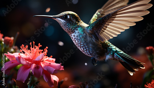 Hummingbird hovers, spreads wings, pollinates flower in vibrant nature generated by AI © Gstudio