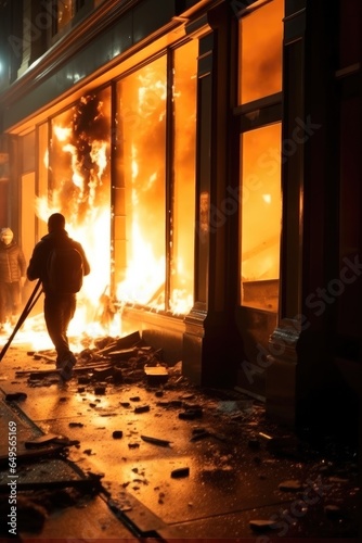 Riots, People smash shop windows with firebombs with pogroms and riots in night city.