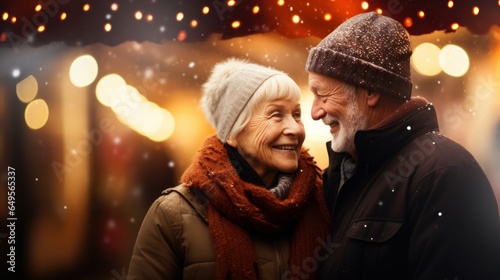 Happy two elderly people woman, man walking against the backdrop of christmas fair lights holding hands on the street, wearing coats.