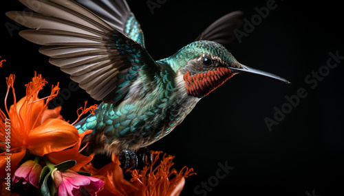 Hummingbird flying, vibrant feathers spread, nature beauty in full generated by AI