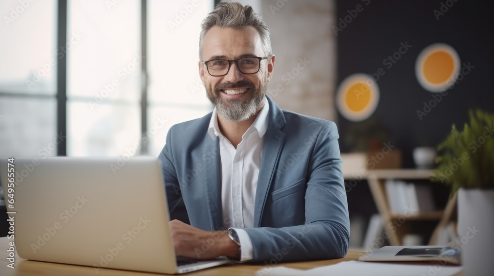 Portrait of business mature man at office desk with smile, Online report or social media, Internet. Portrait of business mature man at office desk with smile, Online report or social media, Internet.