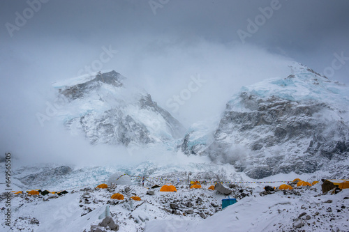 Cloudy view of Everest base camp after snow in Nepal 