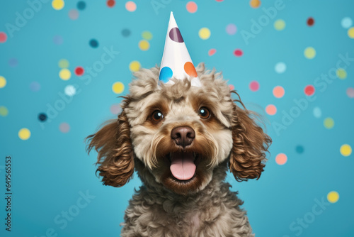 Playful dog is captured wearing festive party hat, sticking its tongue out in excitement. This image is perfect for adding touch of fun and celebration to any project or event.