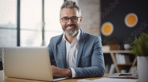 Portrait of business mature man at office desk with smile, Online report or social media, Internet.