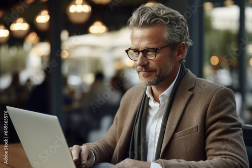 Man sitting at table using laptop computer. This image can be used to depict technology, work, remote work, or online communication. © vefimov