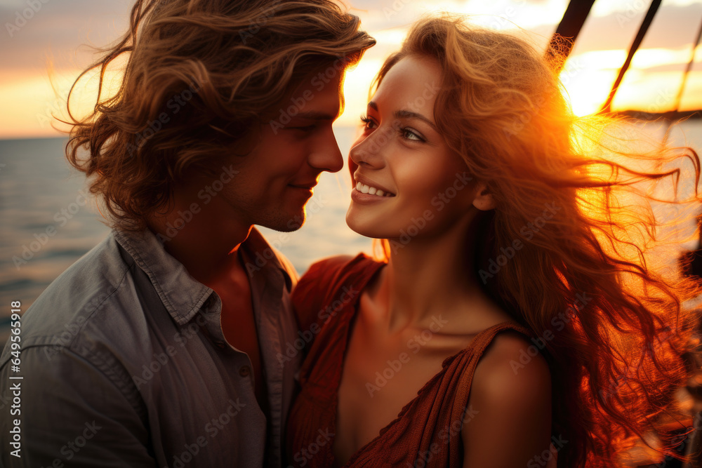 Picture of man and woman on boat, enjoying romantic sunset. This image can be used to depict love, relaxation, and enjoying nature's beauty. Picture of man and woman on boat, enjoying romantic sunset. This image can be used to depict love, relaxation, and enjoying nature's beauty.