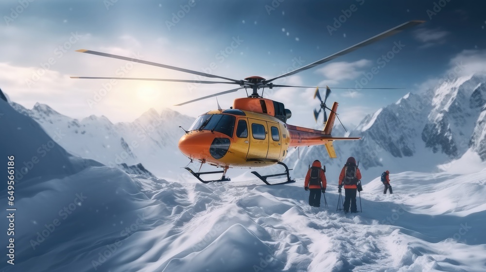 Rescue helicopter rescues climbers on snow trapped. - obrazy, fototapety, plakaty 