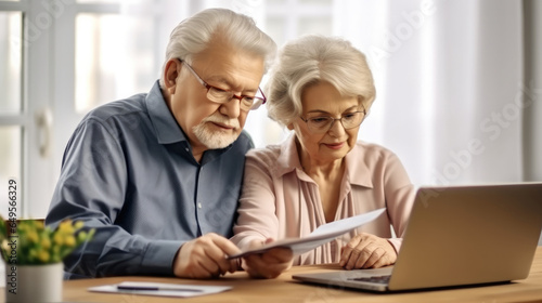 Senior couple calculating finances or taxes at home, Pension calculation concept.