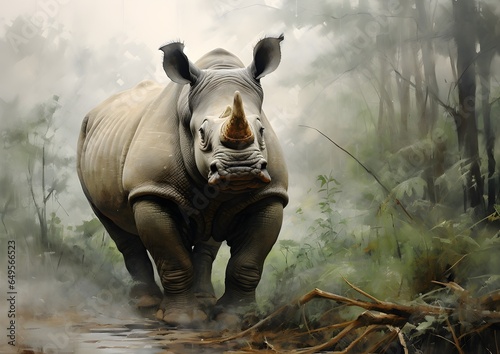 Rhinoceros in the forest jungle, oil painting, hyperrealism, wallpaper, wall art, printable, HD, landscape
