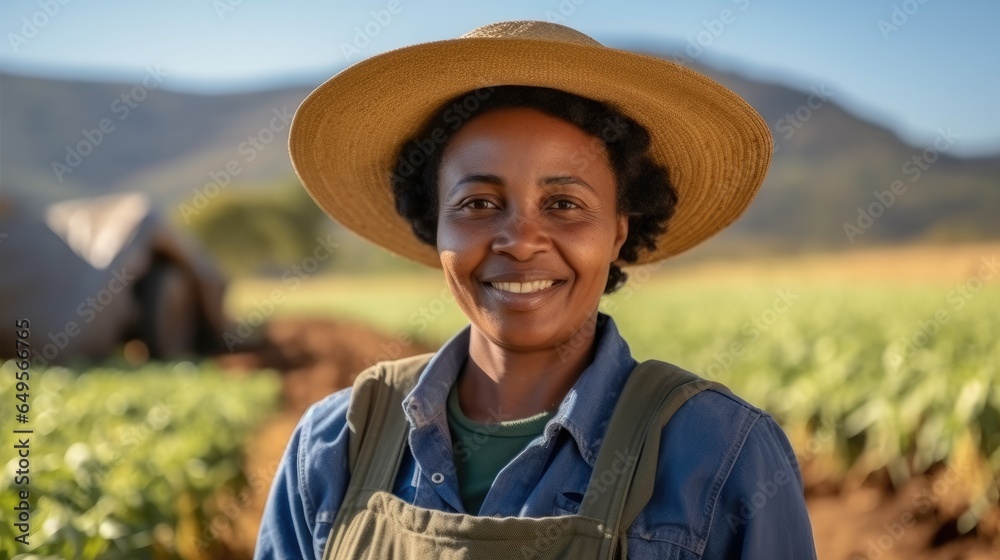 Portrait of female African American farmer in agricultural areas.