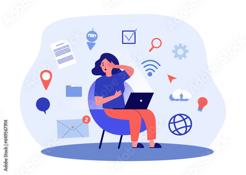 Woman tired from social networks vector illustration. Messages, posts notifications, data streams, documents and influx of news overwhelming laptop user. Information overload, social media concept