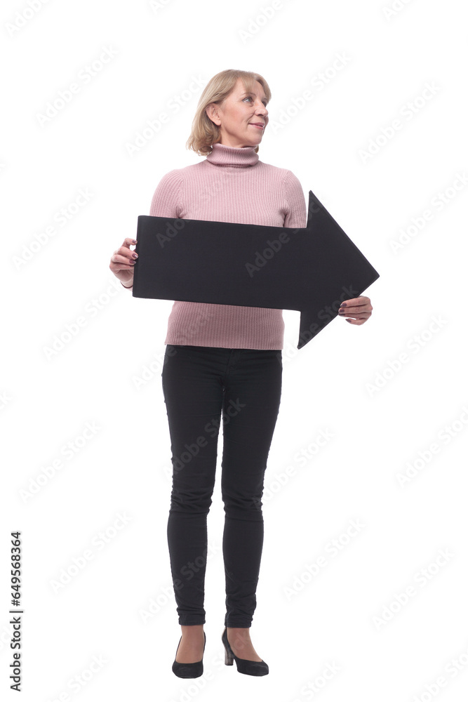 Front view of happy woman with direction arrow sign Front view of happy woman with direction arrow sign
