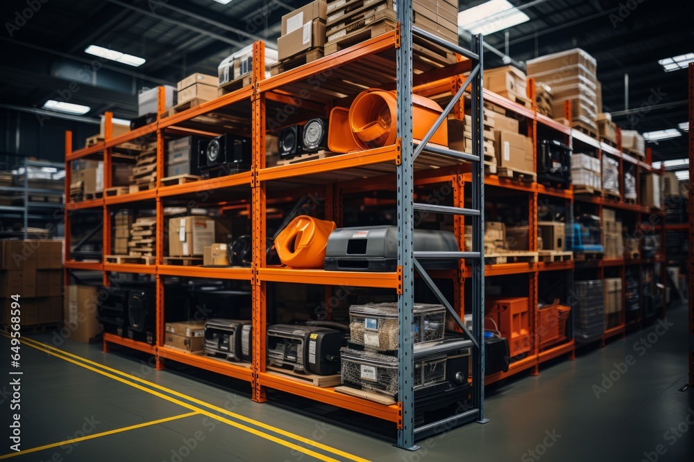 Warehouse storing automotive parts, with shelves filled with various components, Generative AI