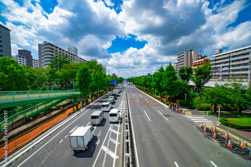 A traffic jam at the downtown street in Takashimadaira Tokyo wide shot