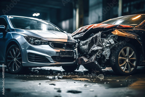 Car accident of two cars, collision of cars. Two cars are damaged after a head-on collision, a car accident. Car accident on the street, damaged cars after collision. Violation of traffic rules.